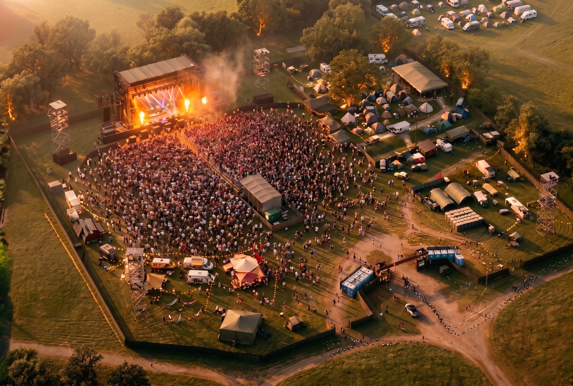 Luchtfoto van een beveiligd evenemententerrein met podium, tentenkamp en toegangscontrole